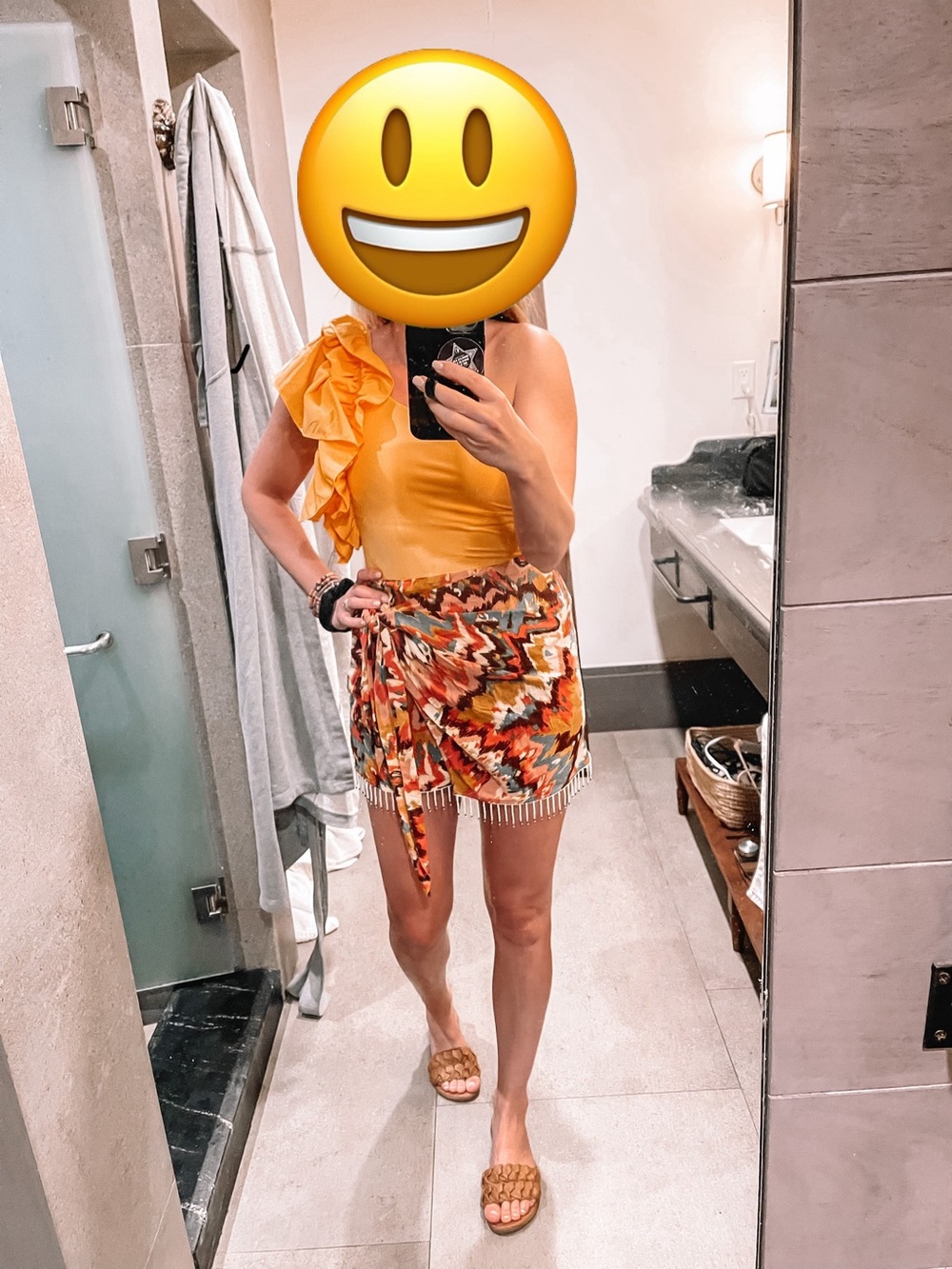 Zara Yellow Ruffle One-Shoulder Top with Multicolor Printed Skort